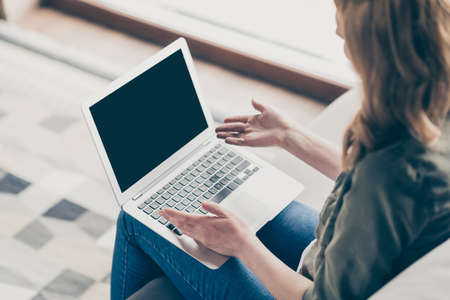 Profile side view portrait of attractive woman sitting on divan using laptop writing text project at home house flat indoorsの写真素材