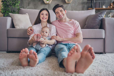 Photo of cheerful family harmony weekend concept wear casual outfit in comfortable apartment home...