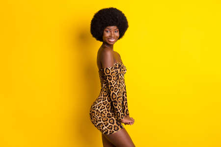 Profile side view portrait of attractive gorgeous girl posing party occasion isolated over bright yellow color backgroundの写真素材