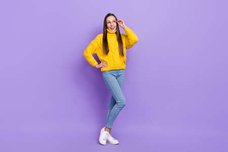 Full size photo of funky dreamy woman looking copyspace wear smart spectacles isolated on violet color backgroundの写真素材