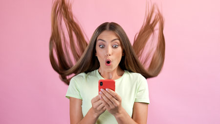 Photo of surprised lady haircut fly use smart phone app new spa salon opening isolated over pastel color backgroundの写真素材