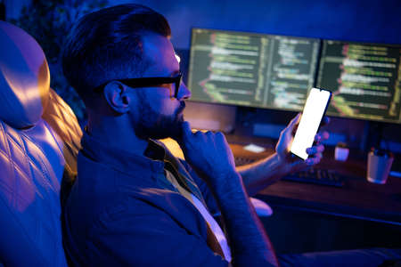 Profile photo of minded smart guy hand on chin use telephone ponder contemplate late evening...