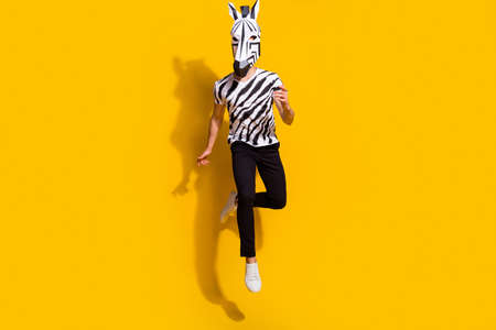Full size photo of freak surreal guy in zebra horse mask jump up isolated over bright yellow color backgroundの写真素材