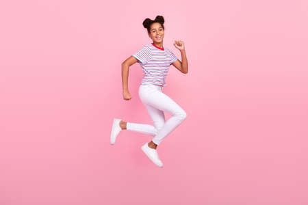 Full body photo of childhood african american brunette haired stylish trendy girl wear casual...