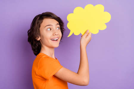 Profile side view portrait of nice amazed cheerful boy holding cloud copy space chat information...