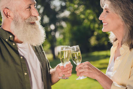 Photo of retired pensioner grey haired wife husband old couple cheers drink champagne outside outdoors in cityの写真素材