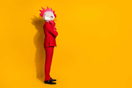 Profile photo of confident employer folded hands wear cock polygonal mask red tux isolated yellow...
