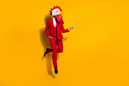 Photo of guy jump direct finger empty space novelty wear cock polygonal mask red tux isolated yellow color backgroundの写真素材