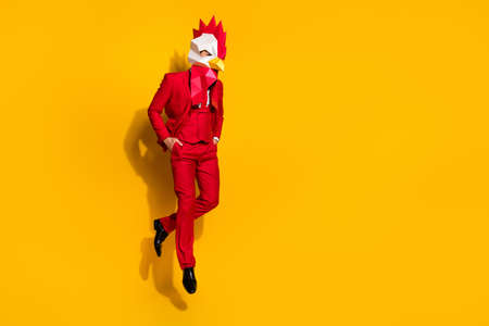 Photo of wacky freak guy jump hands pockets wear cock polygonal mask red tux isolated yellow color backgroundの写真素材