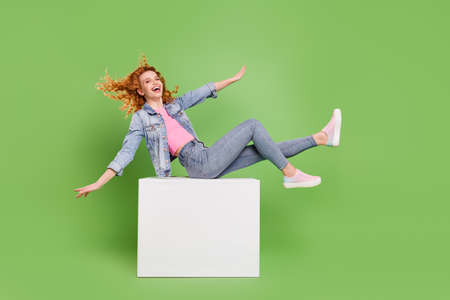 Full size profile side photo of young excited girl happy positive smile playful hands wings fly...