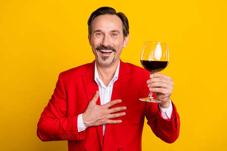 Portrait of smiling businessman well-dressed person degustate good wine enjoy taste isolated on...