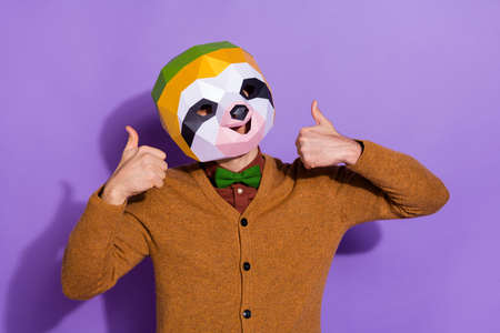 Portrait of weird sloth mask person two hands show thumbs up isolated on violet color backgroundの写真素材