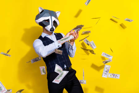 Photo of crazy bizarre authentic guy racoon mask waste billion dollars lottery win jackpot isolated over shine yellow color backgroundの写真素材