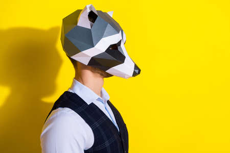 Profile photo of serious focused guy look empty space wear raccoon mask vest isolated yellow color backgroundの写真素材