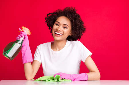 Photo portrait woman laughing polishing dust with cleaning spray isolated vivid red color backgroundの写真素材