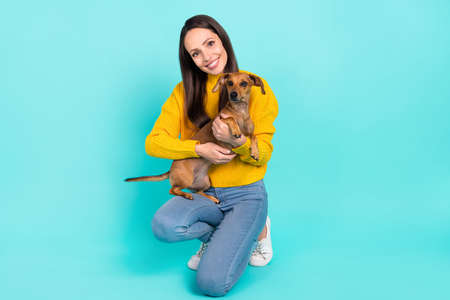 Portrait of attractive cheery kind tender girl holding in hands doggy isolated over bright teal turquoise color backgroundの写真素材