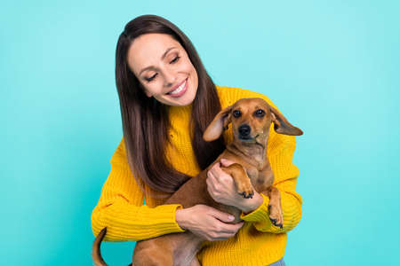 Portrait of attractive cheerful sweet careful kind girl holding in hands doggy enjoying isolated over bright teal turquoise color backgroundの写真素材