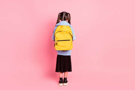 Full length body size rear back behind view of youth girl ready going to school isolated over pink pastel color backgroundの写真素材