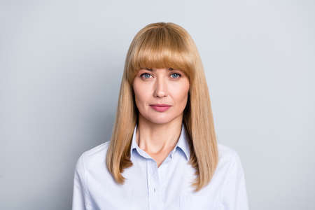 Portrait of attractive content skilled experienced girl hr generalist isolated over grey pastel color backgroundの写真素材