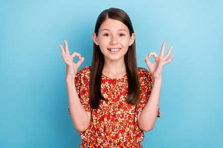 Photo of young pretty lady show okey symbol recommend advertise approve promoter isolated over blue...