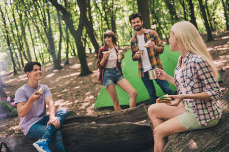 Photo of best friends girls guys happy positive smile eat snack food breakfast expedition exploring nature outdoorsの写真素材