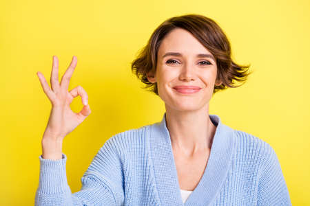 Photo of young girl happy positive smile show fingers okey sign cool advice alright isolated over...