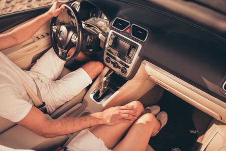 Top above high angle view photo of two people ride cabriolet road trip romance feelings bonding outdoorsの写真素材