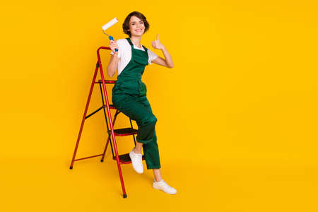 Full size photo of happy positive girl sit ladder hold roller showing thumb-up excellent isolated on yellow color backgroundの写真素材