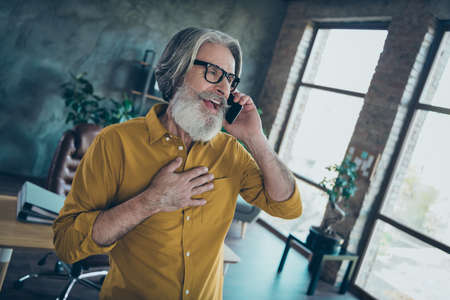 Portrait of attractive cheerful gray-haired man leader partner talking on phone laughing at...