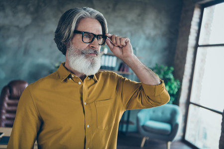Portrait of attractive serious focused skilled gray-haired man employer director touching specs at work place station indoors.の写真素材