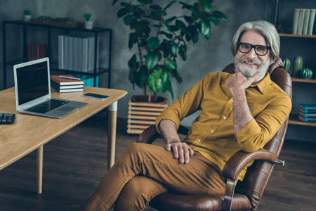 Portrait of attractive intellectual cheery gray-haired man it expert geek specialist at loft interior work place station indoorsの写真素材