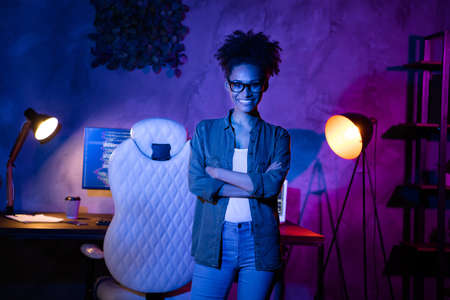 Photo of skilled lady web design expert cross arms ready server development in workplace...