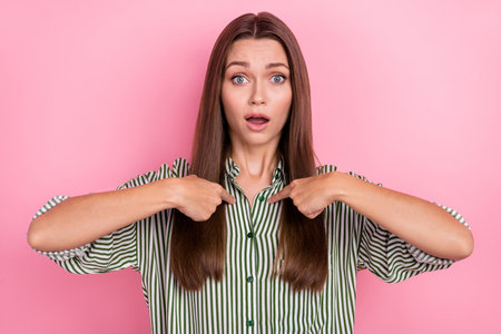 Photo of speechless lady direct fingers herself accusation reaction wear striped green shirt...