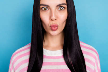 Cropped photo of young pretty woman pouted lips send air kiss romantic cosmetology procedure...