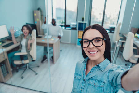 Photo of smart confident lady have learning career training blogging make selfie friend say hello in...