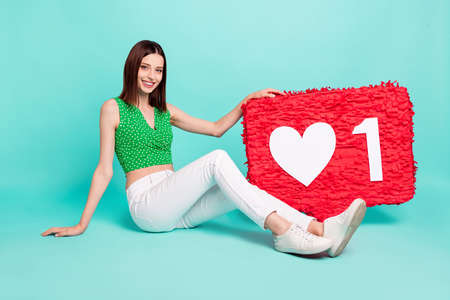 Full body profile side photo of young girl sit floor paper pinata click user advert choice isolated...