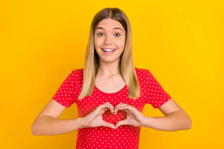 Photo of young cheerful lady show hands heart shape cardiac cupid valentine day isolated over yellow...