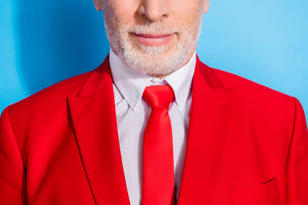 Cropped photo of bearded old man barbershop concept wear necktie red tuxedo isolated blue color backgroundの写真素材