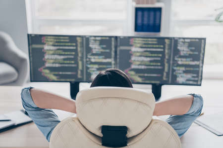 Rear back behind view portrait of attractive experienced girl geek tech support researching web...