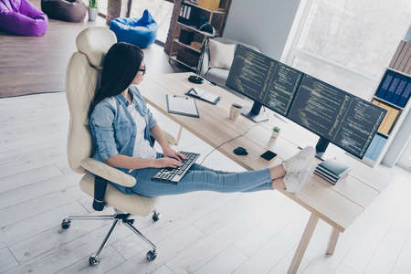 Full size photo of skilled lady designer sir desk using equipment device testing java script modify...