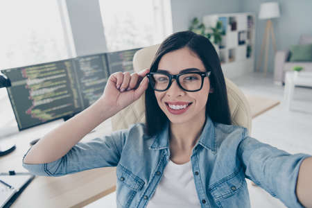 Portrait of smart chinese lady front end specialist make selfie video call seminar platform...