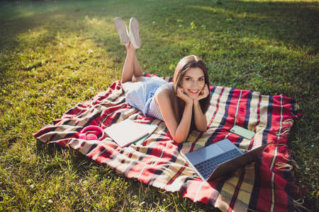 Portrait of attractive cheerful girl lying on cover using laptop spending free spare time pastime on fresh air outdoorsの写真素材