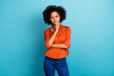 Portrait of attractive content girl expert assistant secretary making decision isolated over bright...