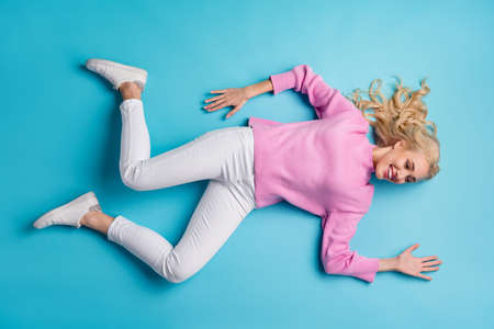 Top above high angle view of attractive cheerful wavy-haired girl lying running collage isolated...