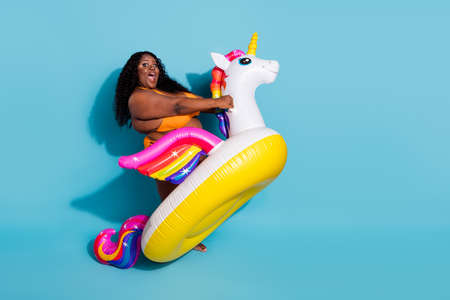 Portrait of attractive amazed cheery thick woman riding fairy horse fooling isolated over bright blue color backgroundの写真素材