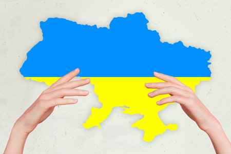 Conceptual map of Urkainian state borders including donbass and crimea geographic historical map of Ukraine protected by female male arms people braveryの写真素材