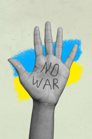 Male female raised up palm with NO WAR slogan on it world unity stand with Ukraine in russian...