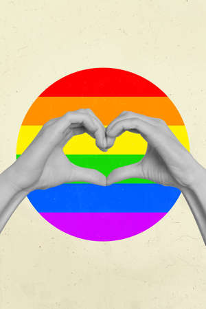 Creative artwork collage arms hands making showing heart symbol against LGBT flag Lesbian Gay...