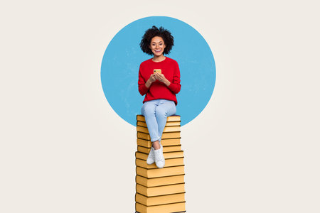 Creative image pop retro style young girl sitting big pile book hold smart phone upload storage data...