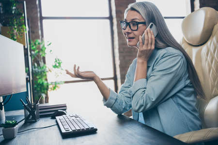 Profile portrait of senior web designer lady sitting chair speak telephone look monitor workstation indoorsの写真素材
